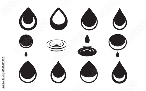 Water drop shape icon set. Blood icon symbol silhouette. Various shapes of water drops, water and rain simple icon. Plumbing logo. Blood or oil drop. Vector illustration