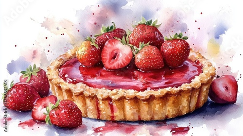 Watercolor Strawberry Tart on a White Background photo