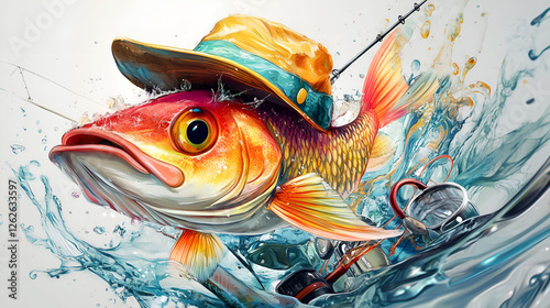 Whimsical fish wearing a fishing hat jumping out of the water with a fishing rod and dynamic splashes in a fantasy style photo