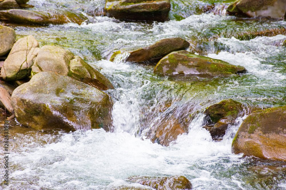 rapid water stream among rocks and stones. beautiful nature background in romanian mountains. closeup view from above