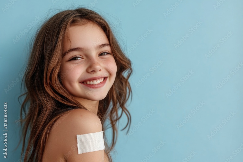 Smiling teenage girl with a bandage on her arm after receiving an injection, on a light blue background. Smiling teenage girl with a bandage on her arm after receiving an injection, on a light blue background.