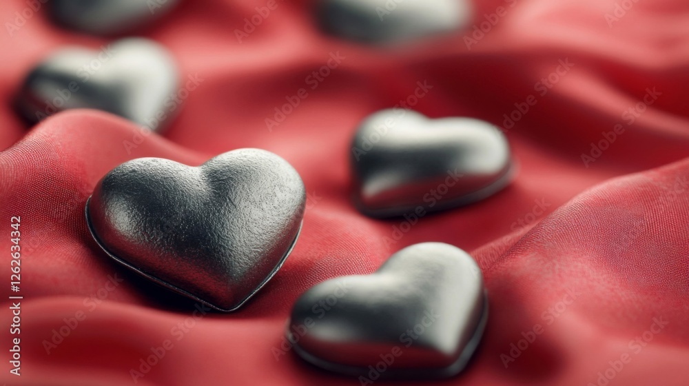 Fototapeta premium Silver Hearts Resting On Red Fabric