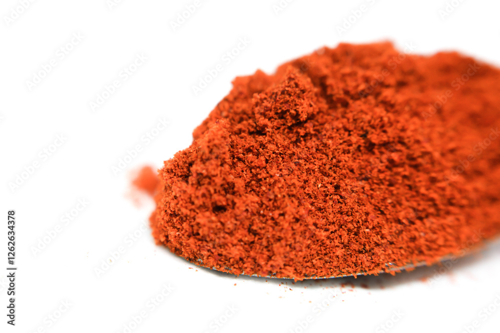 Red paprika powder isolated on white background. Spices and food ingredients. Red pepper powder in bowl. A spoonful of red pepper Red paprika powder isolated on white background. Spices and food ingredients. Red pepper powder in bowl. A spoonful of red pepper