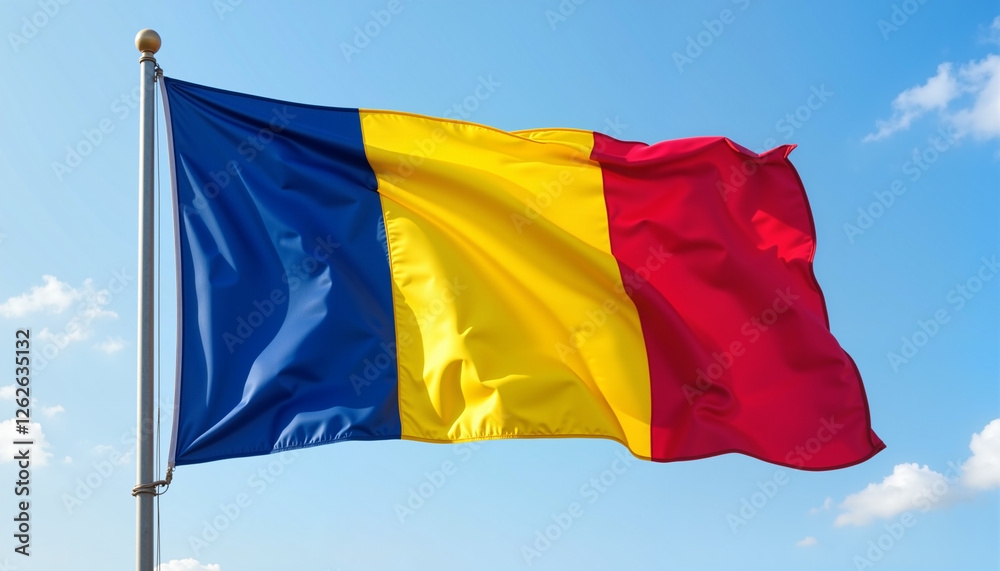 Romania flag waving against clear blue sky, national pride Romania flag waving against clear blue sky, national pride