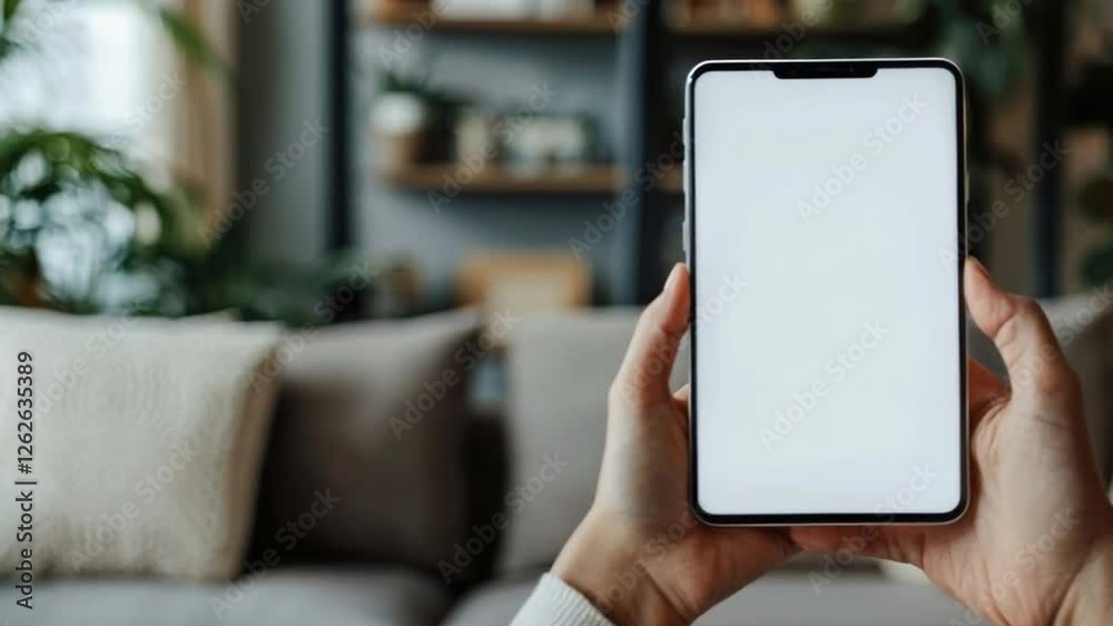 Cozy Living Room with Plants and Bookshelf Showcasing Technology in Modern Home Interior with Hands Holding Smartphone Cozy Living Room with Plants and Bookshelf Showcasing Technology in Modern Home Interior with Hands Holding Smartphone