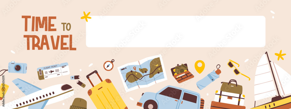 Flat vector banner featuring luggage, tickets, and a map. Vacation planning, tourism marketing, and adventure blogs. Flat vector banner featuring luggage, tickets, and a map. Vacation planning, tourism marketing, and adventure blogs.