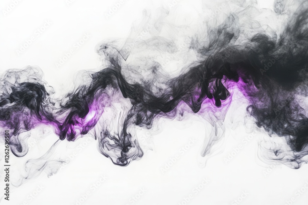 Fototapeta premium dramatic storm clouds with purple-tinged lightning bolts piercing through dark masses, swirling smoke tendrils, high contrast against white backdrop