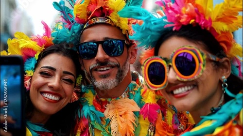 Colorful carnival celebration with friends in vibrant costumes, feathers, and sunglasses, capturing happiness in street party atmosphere.