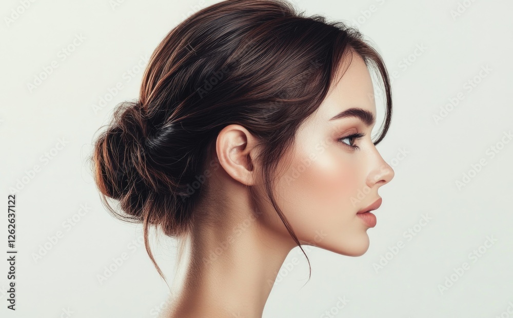 Profile photo of a beautiful woman with her hair in a low bun, against a white background. Profile photo of a beautiful woman with her hair in a low bun, against a white background.