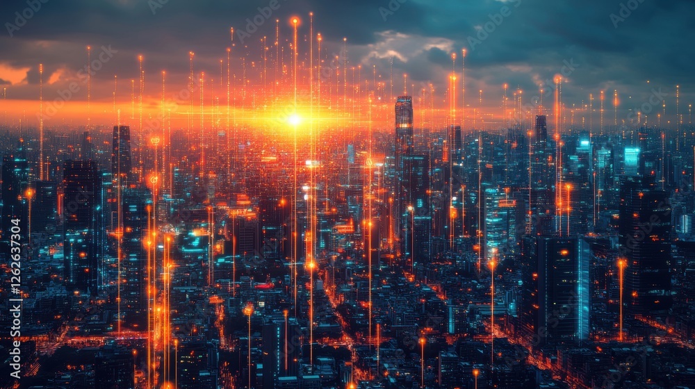 Fototapeta premium Futuristic Cityscape Smart City Technology Network Global Business 2025
