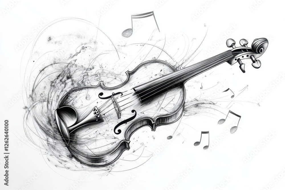 Obraz premium elegant black and white illustration of violin with dynamic musical notes flowing, created in detailed graphite technique with artistic composition