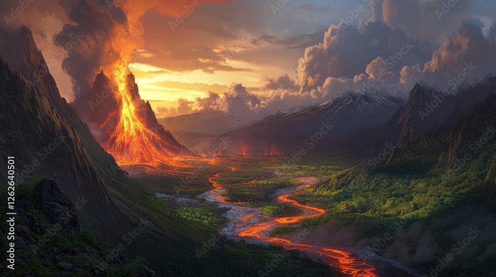 Obraz premium A breathtaking volcanic eruption at twilight, with rivers of glowing lava carving through the lush valley. Ash and smoke billow into the darkening sky as the earth trembles.