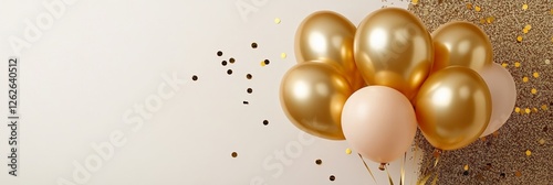 Elegant Golden balloons floating against a shiny gold and white background luxurious and joyful setting for birthday parties  photo