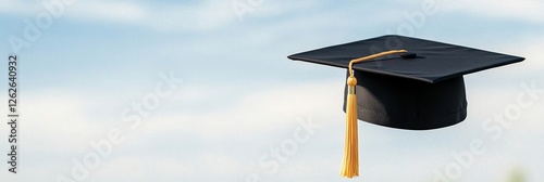 Elegant Graduation cap tossed into the air against a sunny blue sky with soft clouds celebrating academic achievement and new beginnings 