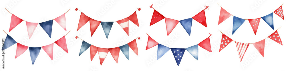 Colorful patriotic bunting flags in red, white, and blue for celebrations, isolated on transparent background. Colorful patriotic bunting flags in red, white, and blue for celebrations, isolated on transparent background.