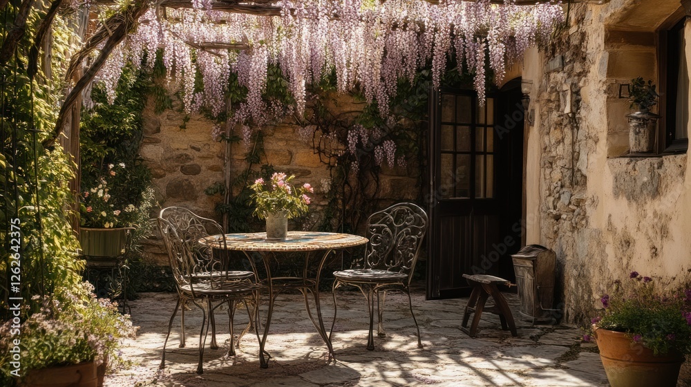 Obraz premium A cozy floral garden terrace with vintage metal chairs, a mosaic-tiled table, and cascading wisteria vines, warm sunlight highlighting the rustic stone walls