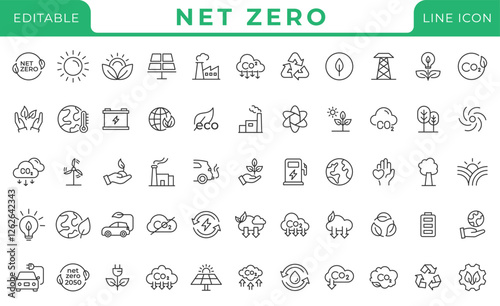 Net zero icon natural environment Carbon neutral and net zero line icon set. Energy, CO2 neutral, gas emissions, climate, ecology, collection vector illustration.