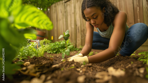 Eco-Friendly Woman Planting Tree in Urban Garden: Sustainability in Action