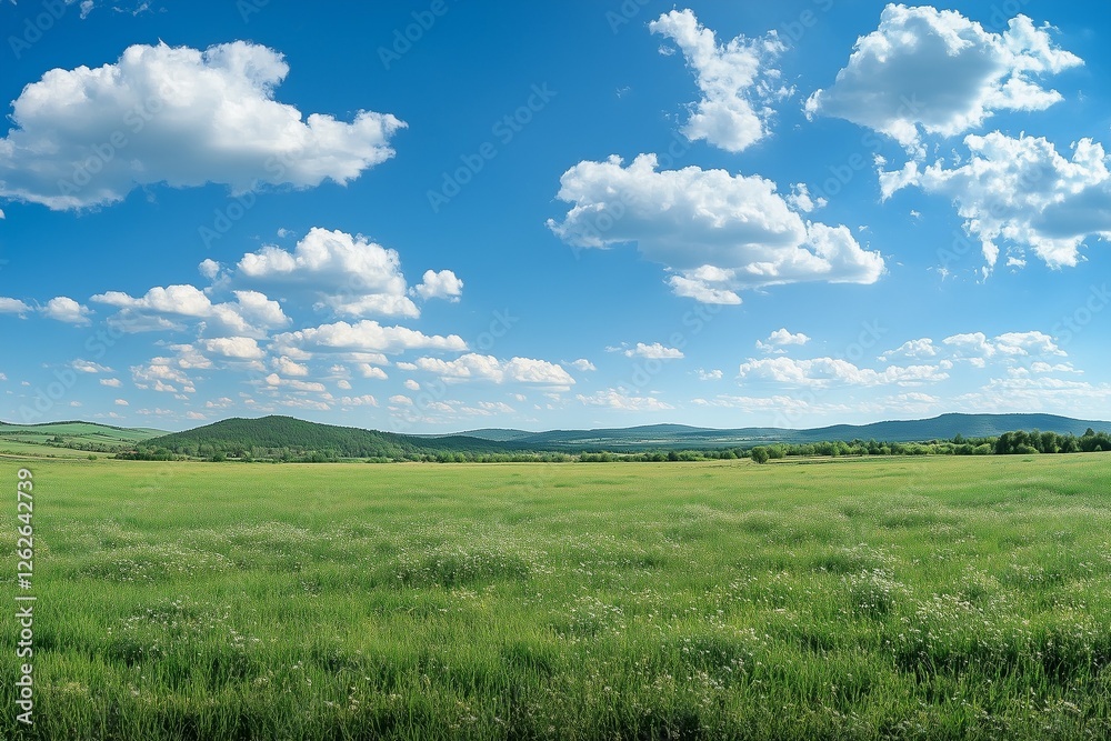 Beautiful green grass meadow and blue sky with clouds. Spring landscape background Beautiful green grass meadow and blue sky with clouds. Spring landscape background