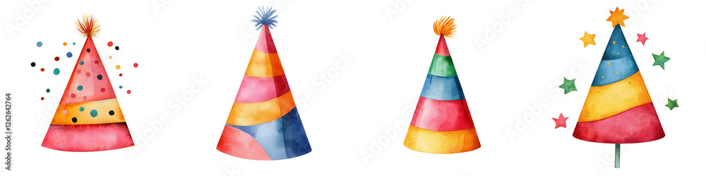 Festive party hats in vibrant colors and playful designs for celebrations, isolated on transparent background. Festive party hats in vibrant colors and playful designs for celebrations, isolated on transparent background.