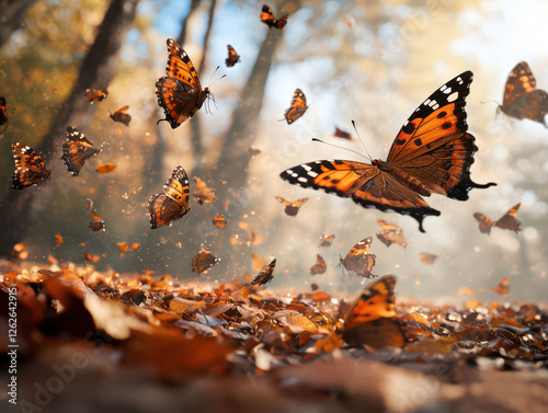 A cascade of leaves transforming into vibrant butterflies mid-air, [fantasy illustration], [soft gradients], [delicate details], [magical]. photo