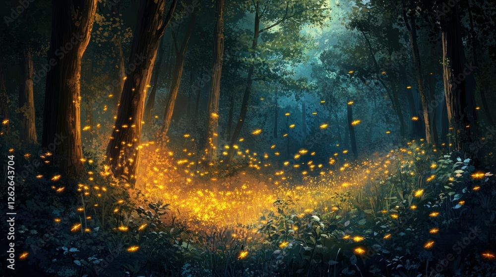A deep woodland bathed in the warm, golden light of the setting sun, with fireflies beginning to glow in the dim evening air. A deep woodland bathed in the warm, golden light of the setting sun, with fireflies beginning to glow in the dim evening air.