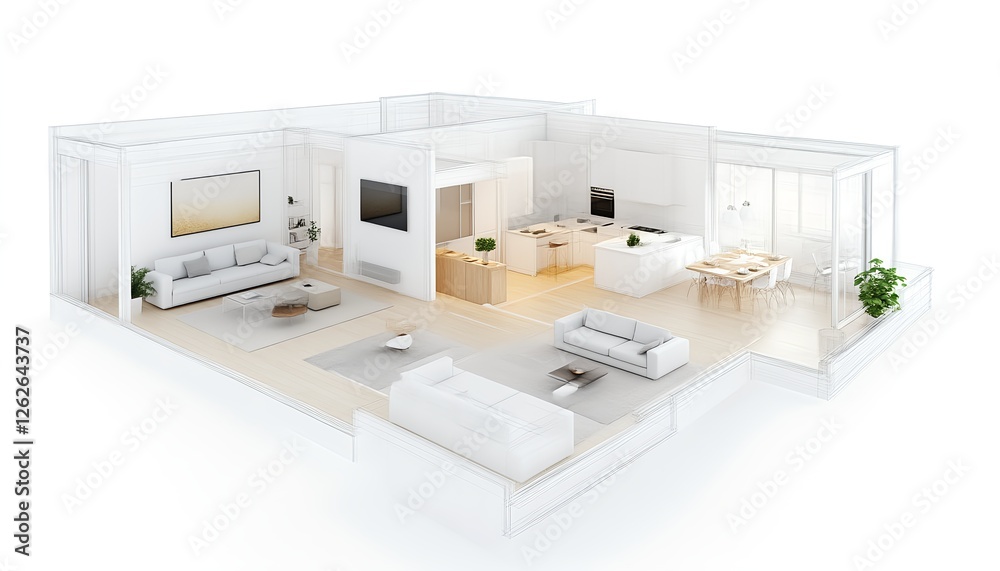Modern Apartment 3D Plan: Open Concept Living, Kitchen, and Dining Modern Apartment 3D Plan: Open Concept Living, Kitchen, and Dining