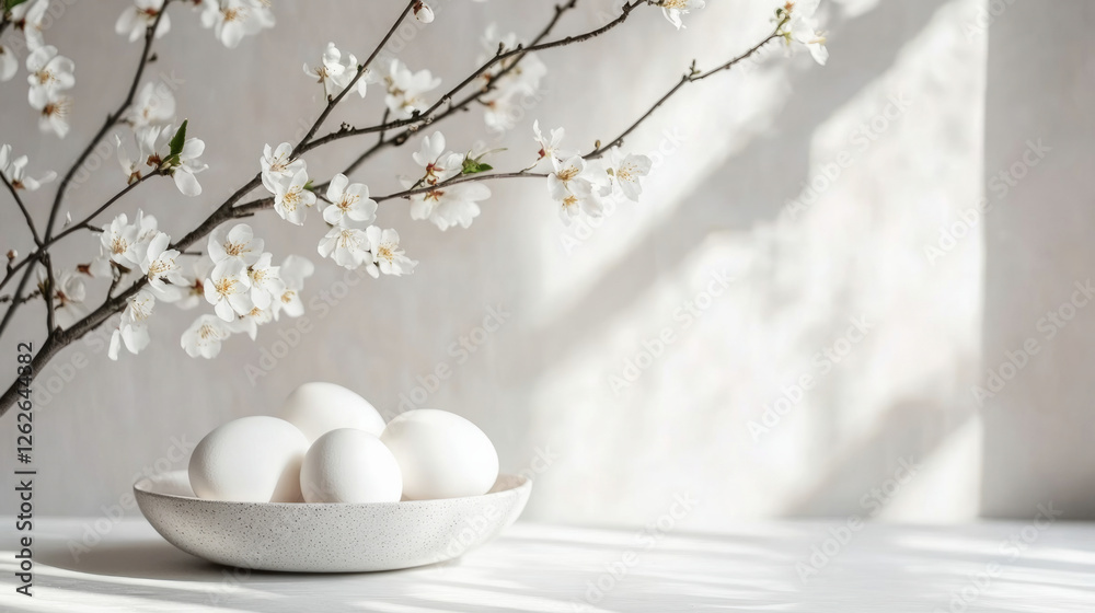This serene photograph features white eggs surrounded by blossoming branches embracing minimalism with clean lines and soft textures. AI generative This serene photograph features white eggs surrounded by blossoming branches embracing minimalism with clean lines and soft textures. AI generative
