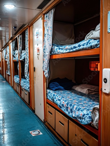 Cozy bunk beds in a shared cabin, inviting atmosphere, perfect for travelers, relaxation space, comfortable sleeping arrangements, travel accommodation concept photo