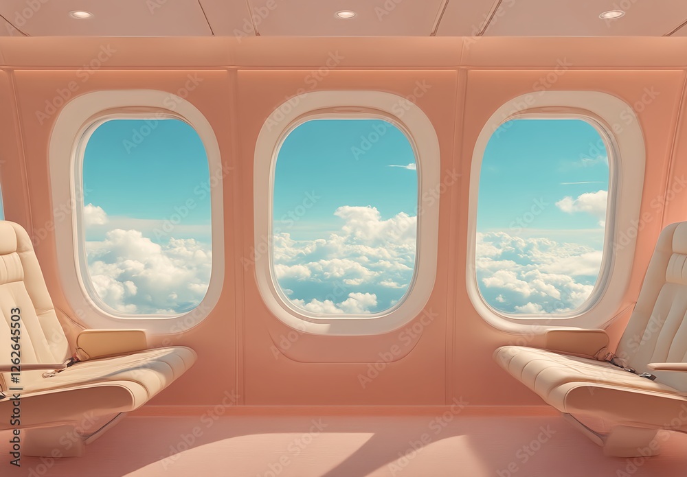 Serene Flight: Cloudscape Views from a Pastel Airplane Cabin Serene Flight: Cloudscape Views from a Pastel Airplane Cabin