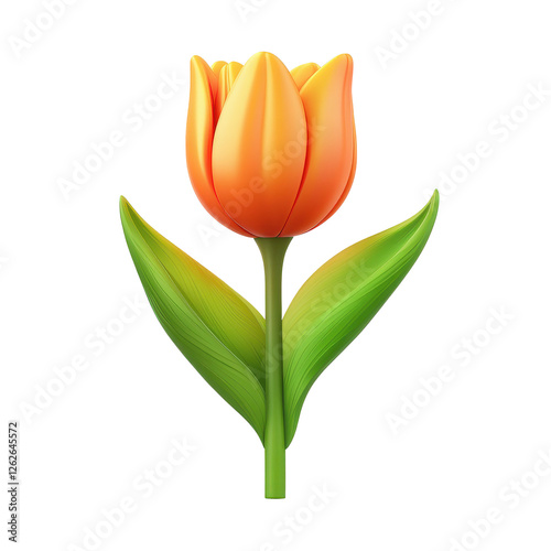 Ilustracion en 3d de un tulipan de primavera naranja y verde sobre fondo transparente