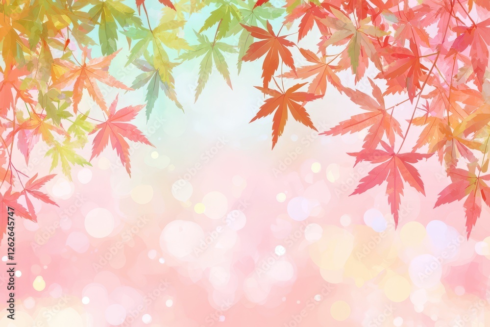 Autumn leaves with iridescent hues, gently suspended in air, illuminated by soft neon light, with a dreamy bokeh backdrop, watercolor style. , closes up Autumn leaves with iridescent hues, gently suspended in air, illuminated by soft neon light, with a dreamy bokeh backdrop, watercolor style. , closes up