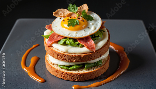 Layered Açorda-inspired dish topped with a fried egg and fresh greens, gourmet presentation photo