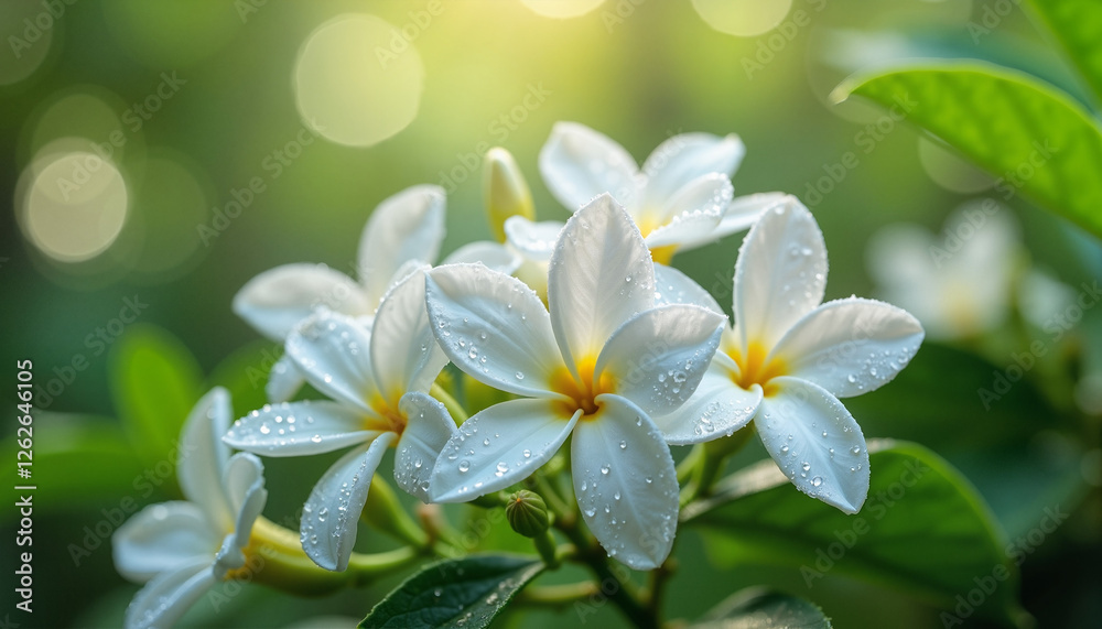 Close-up of fresh jasmine flowers with delicate white petals and dewdrops Close-up of fresh jasmine flowers with delicate white petals and dewdrops