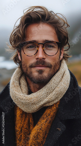 Professional male model wearing cozy winter scarf and tortoise frame glasses