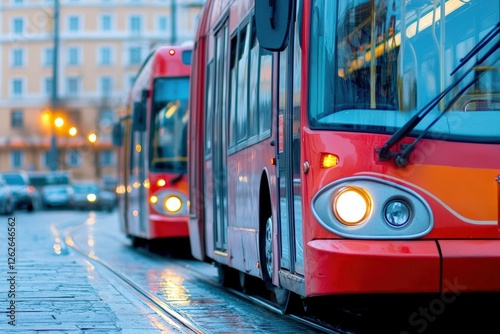 Urban public transport scene featuring vibrant red buses, city streets, evening lights, and reflections, transportation concept