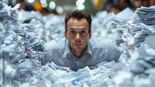 Stressed businessman drowning in paperwork at busy corporate office desk