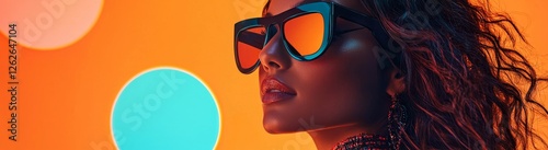 A futuristic young girl in sunglasses is featured against a minimalist orange backdrop