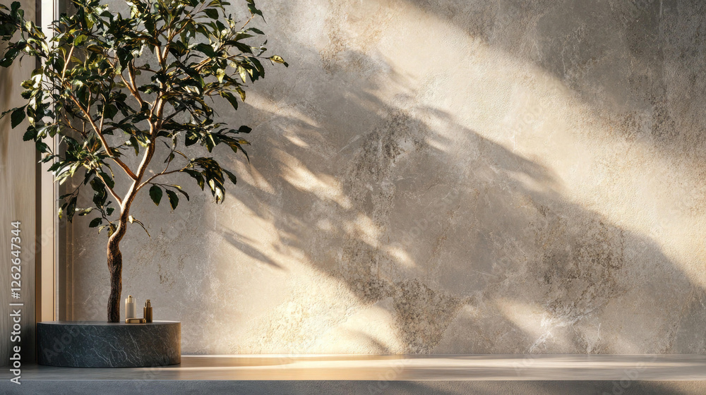 Serene Minimalist Interior Design with Sunlight and Bonsai Tree Serene Minimalist Interior Design with Sunlight and Bonsai Tree