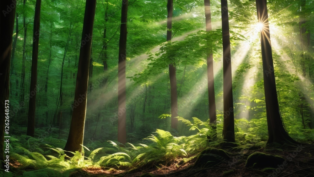 Fototapeta premium Sunlight beams gently penetrate the dense summer forest, illuminating lush green leaves and creating a magical, tranquil atmosphere. A peaceful nature scene full of warmth, serenity