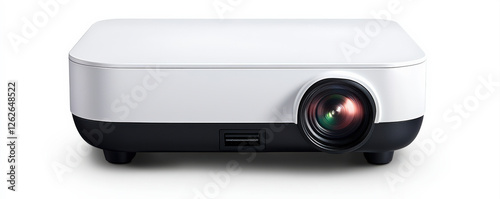 A compact white projector with a prominent lens, designed for clear image projection in various settings, ideal for presentations and home entertainment.