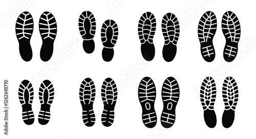 Shoe soles silhouettes collection. Various prints of shoes. Boot prints. Vector illustration