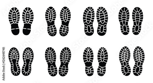 Shoe soles silhouettes collection. Various prints of shoes. Boot prints. Vector illustration