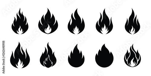 Fire icon set. Fire flame symbol. Bonfire silhouette logotype. Flames symbols set flat style. vector illustration