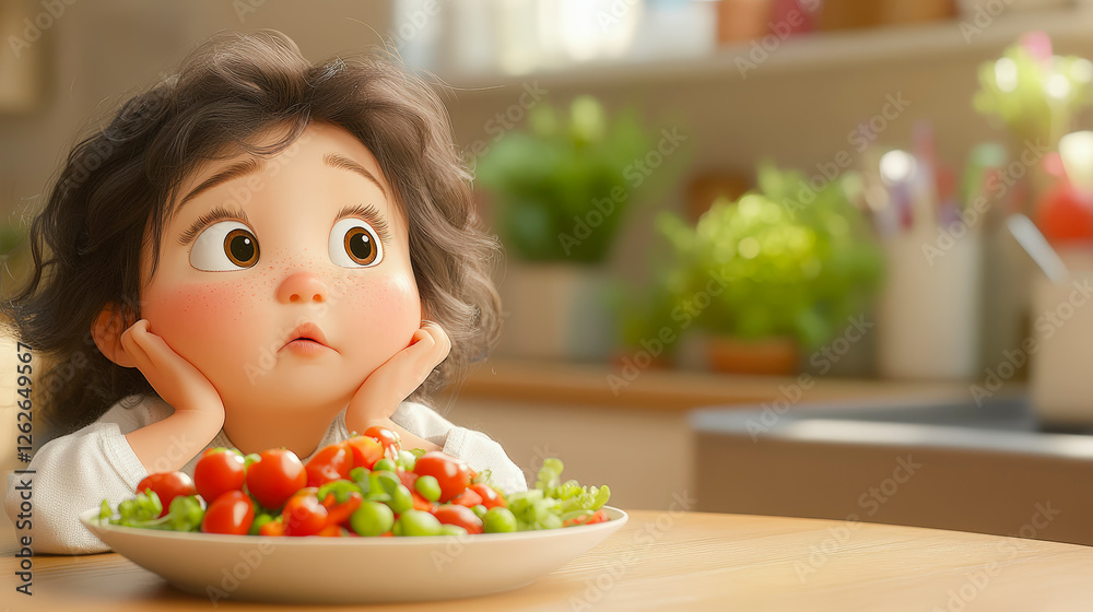 Discover healthy eating with adorable animation: a curious child exploring fresh vegetables in a cozy kitchen setting. Discover healthy eating with adorable animation: a curious child exploring fresh vegetables in a cozy kitchen setting.