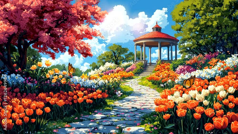 Stone pathway covered in colorful tulips leading to a charming gazebo in a vibrant garden under a clear sky. Botanical park concept. Seamless looping 4K time-lapse animation video background