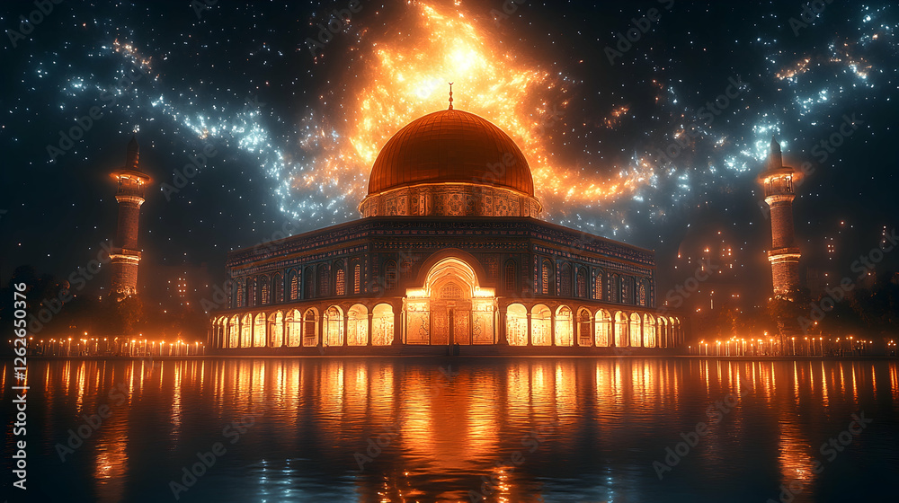 Fototapeta premium Illuminated Dome of the Rock at night, fiery sky, reflective water, spiritual celebration