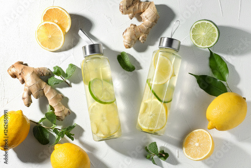 Fototapeta Naklejka Na Ścianę i Meble -  Lemon water with mint in bottles, fresh leaves, fruits and ginger on white table, flat lay
