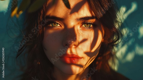 Sunlit portrait of a young woman with captivating green eyes surrounded by shadow patterns from leaves