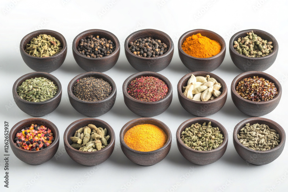 An Array of Aromatic Spices in Small Brown Bowls An Array of Aromatic Spices in Small Brown Bowls
